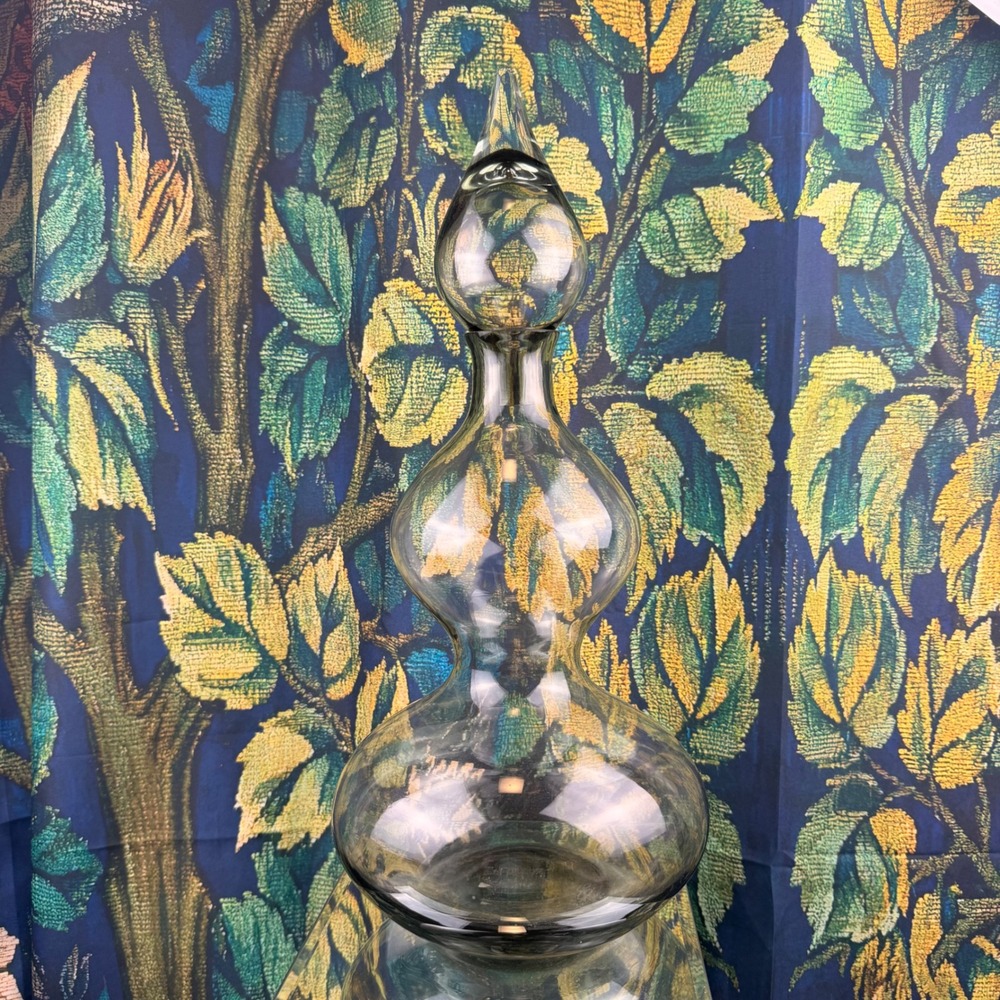 Vintage Smoky Gray Glass Triple Gourd Decanter with Teardrop Stopper 16.5 inch